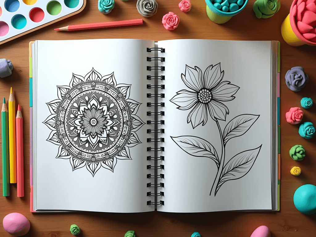 Open coloring book with detailed line art and colored pencils
